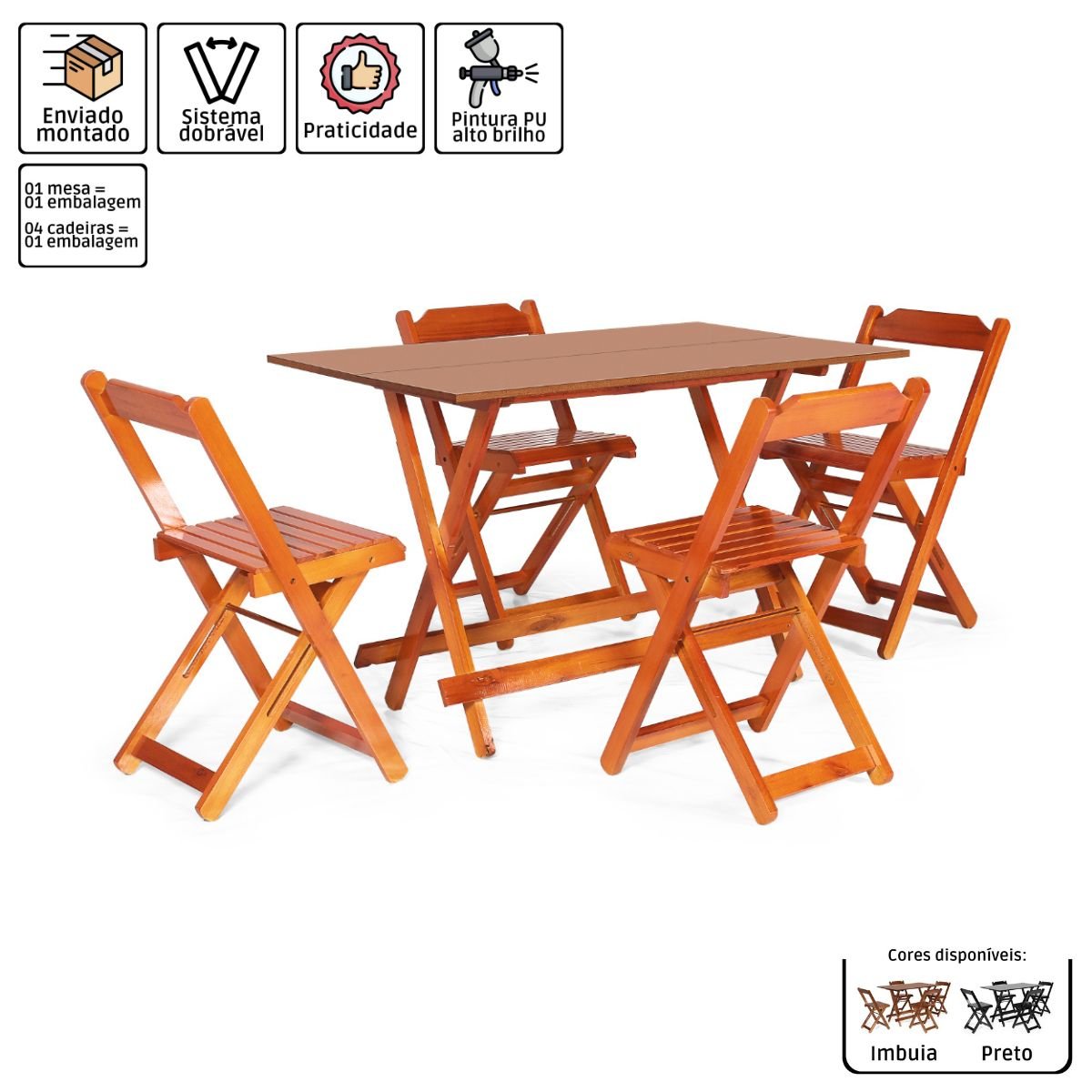 Jogo de Mesa 1,20 X 70 com 4 Cadeiras Dobráveis de Madeira Cor Mel - Móveis Britz - 3