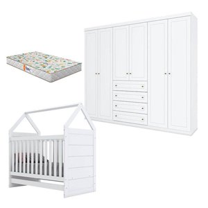 Berço Montessoriano e Guarda Roupa Infantil Americano 6 Portas Branco Hp com Colchão Gazin - Henn