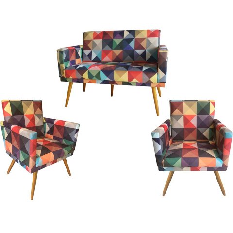 Kit Namoradeira + 2 Poltronas Decorativa Nina Suede Triângulo Pés Madeira Ms Decor