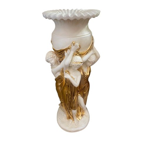 Vaso Decorativo Escultura Três Graças Branco com Dourado em Resina Italiana 108x42cm para Decoração