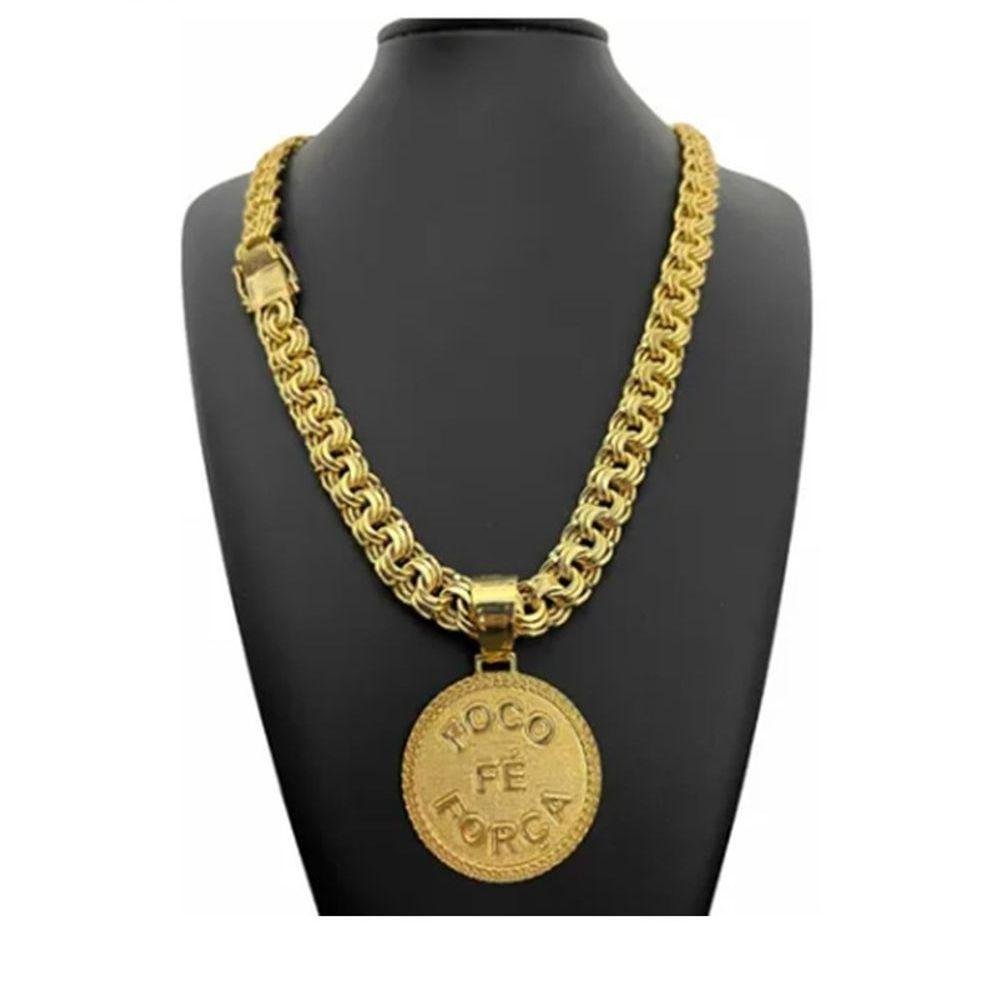 Cordão de Cria Banhado a Ouro Foco Força Fé 12mm C- Pingente