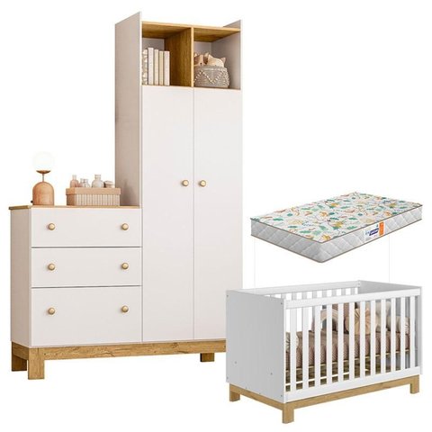 Berço Americano Mini Cama 4315 e Guarda Roupa com Cômoda 4970 Q Encanto Slimn Branco Acetinado com C