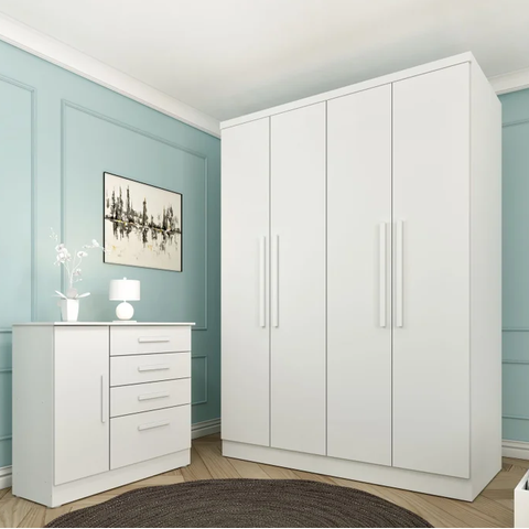 Guarda Roupa Solteiro 4 Portas 2 Gavetas 133cm Amsterdam Branco - TCIL Móveis