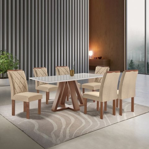 Mesa Kyra 170CMX90CM 6 Cadeiras Arthus Tampo Smart Plus Vidro Off White