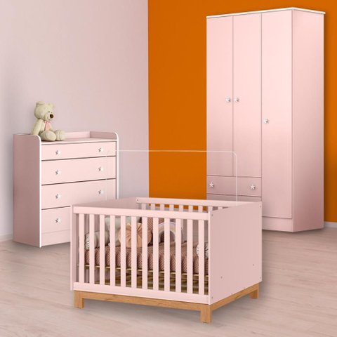 Conjunto Berço Mini Cama Slim, Cômoda Trocador e Guarda Roupa Rosa