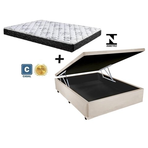 Cama Baú Casal Bege + Colchão Espuma D20 138x188x17