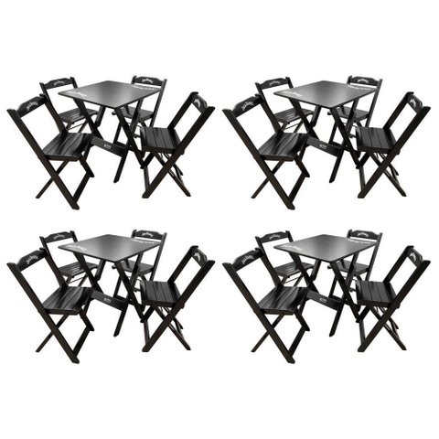 Kit 4 Conjuntos Mesa Dobrável Madeira 70x70 com 4 Cadeiras Personalizada Jack Preta - Cor: Preto