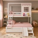 Ver imagem 1 de Treliche Infantil Casinha Reta Casal/ Solteiro com Escorregador Madeira Maciça Branco/ Rosa