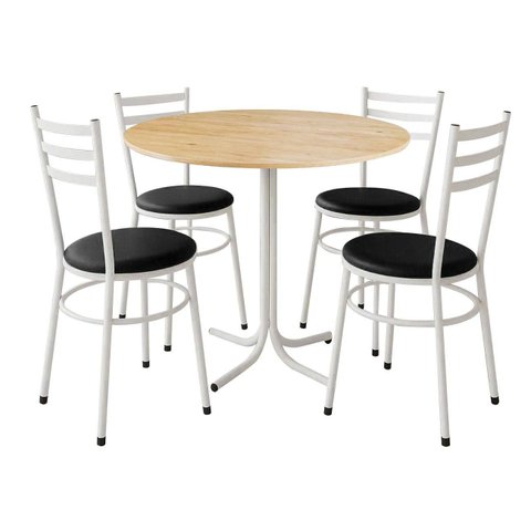 Mesa de Jantar Redonda 80cm Pinus com 4 Cadeiras Estofada Branca