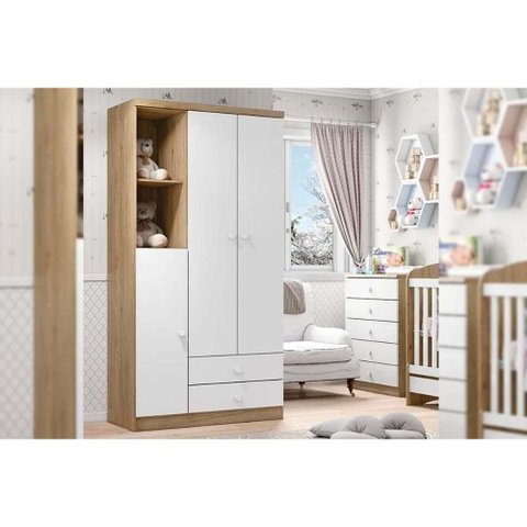 Quarto de Bebê Completo Bala de Menta 2 Peças (1 Guarda Roupa + 1 Cômoda) Qi93 Rústico/branco -
