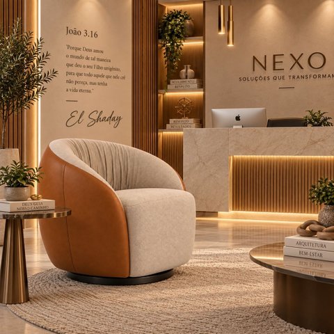 Poltrona Giratória 360° Orgânica Bouclé Sala Recepção Nuvem:Bouclê/Courino Sintético/ Bege Detalhe m