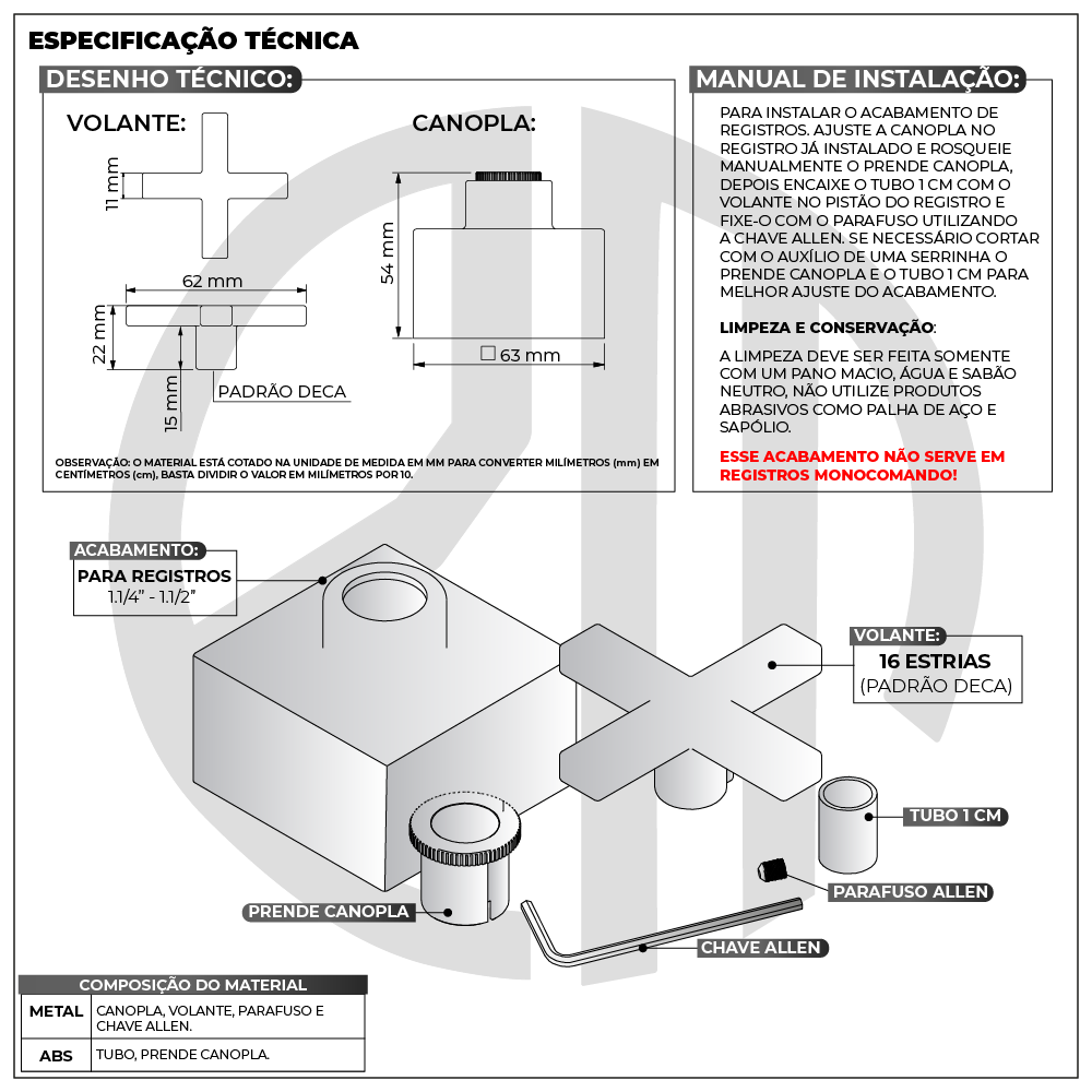Acabamento para Registro Geral 1.1/2 50mm 1.1/4 Chuveiro Banheiro Quadrado Cruzeta Cromado Padrão de - 6