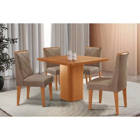Sala Jantar Mesa Maldivas Tampo Curvo 90cm+4 Cadeiras Pietá Madeira Naturale - Capuccino/suede