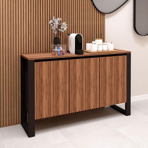 Aparador Balcão Armário Baixo para Escritório 3 Portas MDF 136cm Nogal com Preto F5 Office