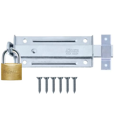 Ferrolho Trinco Tarjeta Fecho Chato 10cm + Cadeado 25mm para Portão Porta Janela