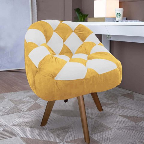 Poltrona Paloma Escritório Sala Giratória Madeira Suede Mostarda e Suede Branco - Dominic Decor