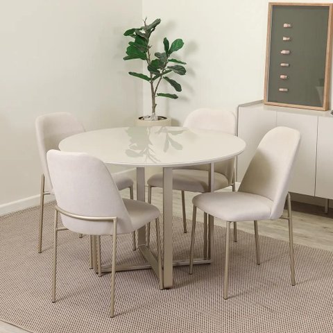 Conjunto de Jantar Mesa Redonda com Vidro Arcádia 4 Cadeiras Lucille - Champanhe C/ Off White -
