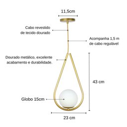 Lustre Pendente Jabuticaba Gota Globo de Vidro - Dourado - 3
