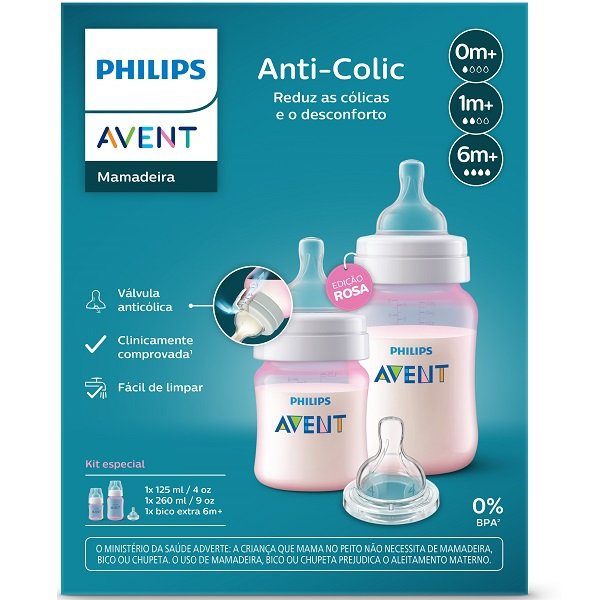 Kit 2 Mamadeiras Classica Rosa 125ml e 260ml + 1 Bico 6m+ Philips Avent Scy119/14 - 2