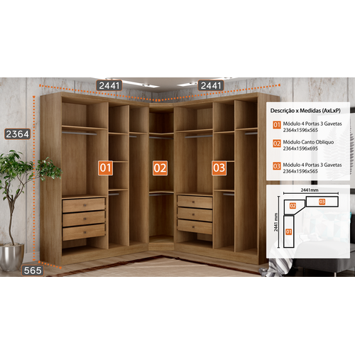 Nattsu.closet Guarda-roupa Closet Casal 100% Mdf Bp 208cm Com 1 Porta Espelho 3