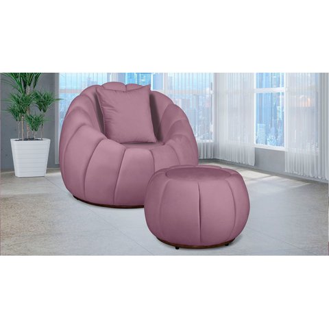 Kit Poltrona c/ Puff + Almofada Concha Veludo Rose
