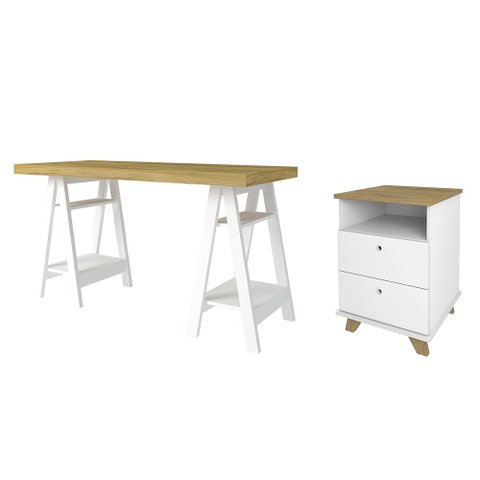 Mesa Escrivaninha Cavalete 135cm e Gaveteiro 2 Gavetas May A06 Olmo/branco - Mpozenato