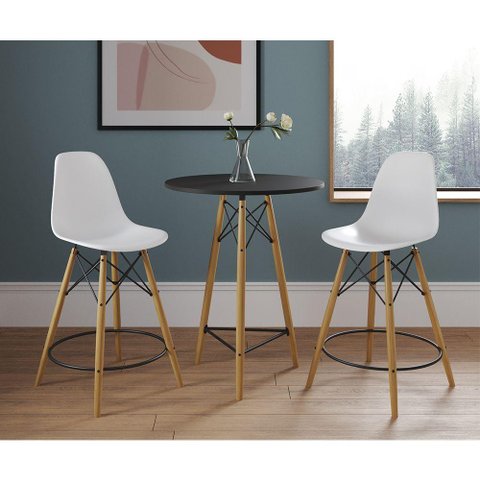 Mesa Bistrô Eames Eiffel Preta com 2 Banquetas Brancas de Madeira