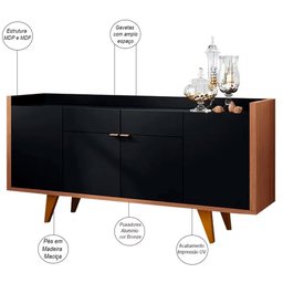 Balcão Buffet Sinfonia 4 Portas Com Espelho Redondo H01 Preto/Nature - Mpozenato - 4