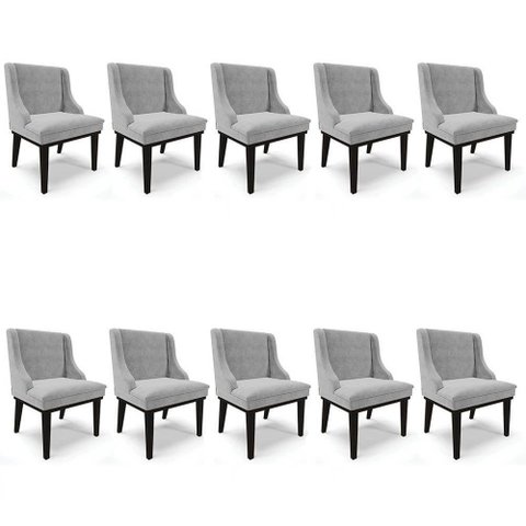 Kit 10 Cadeiras Estofadas para Sala de Jantar Base Fixa de Madeira Preto Lia Suede Cinza - Ibiza