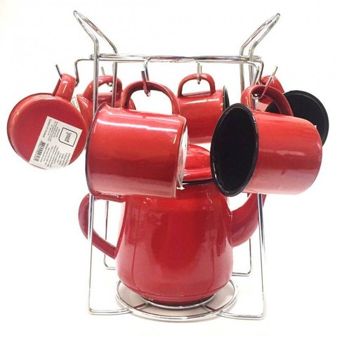 Jogo com 6 Xícaras Esmaltadas 150ml + Bule 1700ml + Suporte