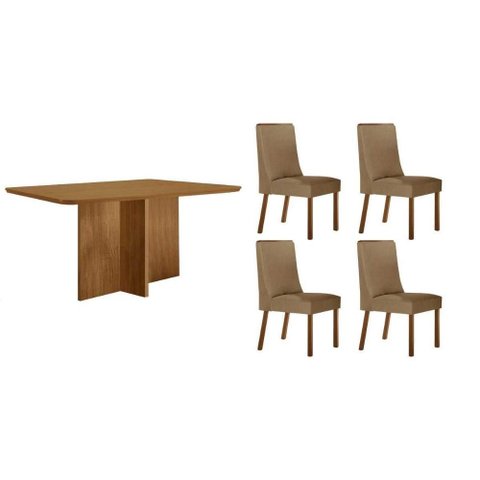 Sala Jantar Mesa Berlim Tampo Curvo 120cm+4 Cadeiras Dakota Madeira Naturale - Capuccino/Linho Bege