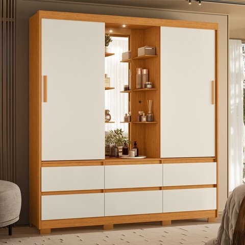 Guarda-Roupa 2 Portas e 6 Gavetas Atena Marrom/Cinamomo/Off White