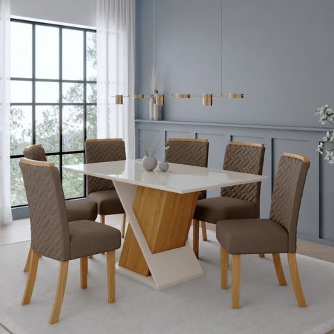 Conjunto Sala Jantar Mesa Solus 160cm Canto Reto com Vidro 6 Cadeiras Malu
