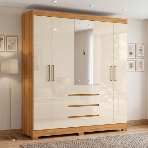 Guarda-Roupa Casal com Espelho 100% MDF 6 Portas 4 Gavetas 217x201cm Ópera Cinamon Touch/Off White