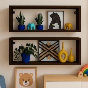 Kit 2 Nicho Retangular de Parede Suspenso Marrom 60x20x10p Mdf Decorativo