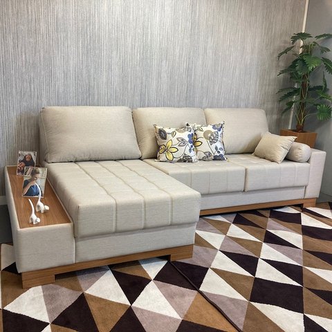 Sofá Rovere Retrátil 2 Módulos com Chaise Longue Direita* D'confort Design Linho Mesclado Bege e Cin
