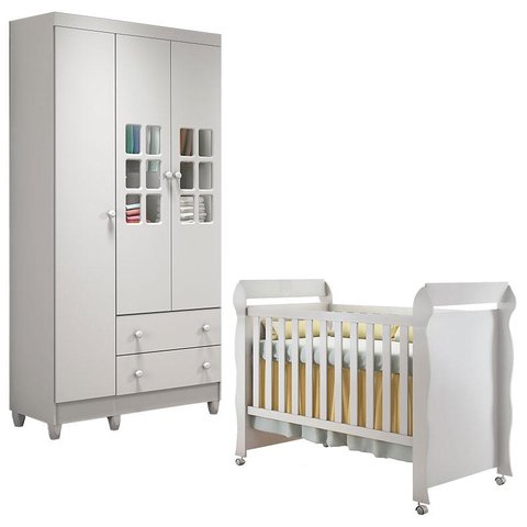 Berço Americano Mirelle e Guarda Roupa Mariah 3 Portas Branco Brilho – Carolina