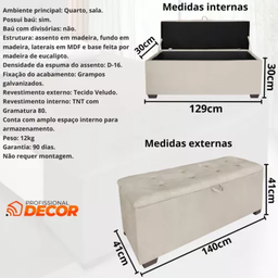 Calçadeira Baú Recamier Casal 140cm Luna Veludo:bege - 3