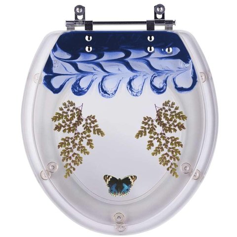 Tampa de Privada Oval Azul Decorado Avenca Borboleta