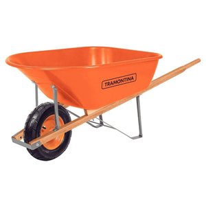 Carrinho de Mão com Caçamba Extrafunda Plástica Laranja 110 L, Braço de Madeira e Pneu Co