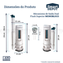 Kit Mecanismo de Descarga Caixa Acoplada Monobloco Completo Smart Depot com Botão Superior Duplo - 8