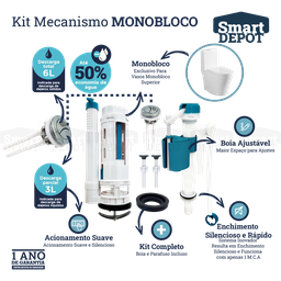 Kit Mecanismo de Descarga Caixa Acoplada Monobloco Completo Smart Depot com Botão Superior Duplo - 2