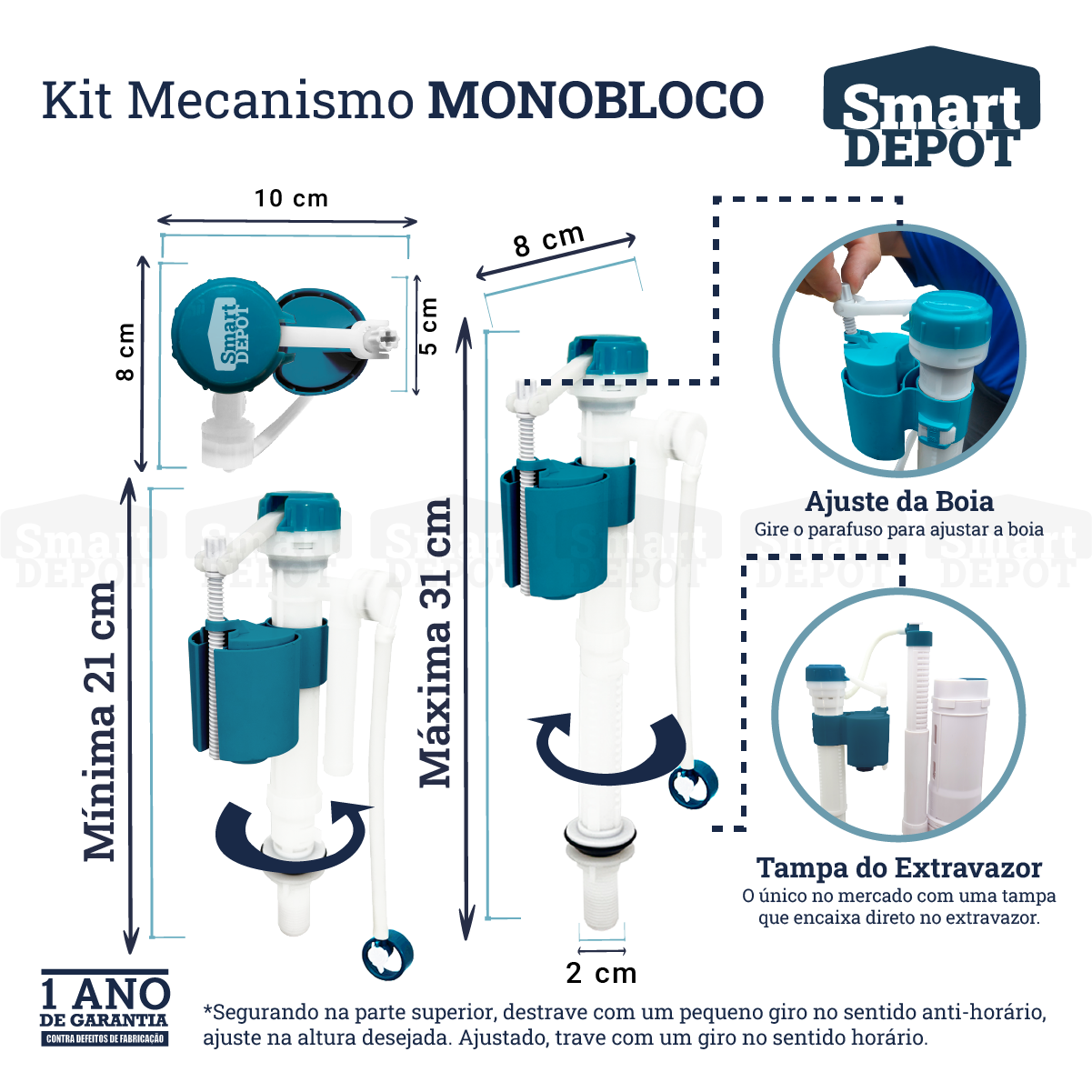 Kit Mecanismo de Descarga Caixa Acoplada Monobloco Completo Smart Depot com Botão Superior Duplo - 7