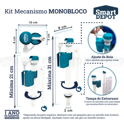 Kit Mecanismo de Descarga Caixa Acoplada Monobloco Completo Smart Depot com Botão Superior Duplo - 7
