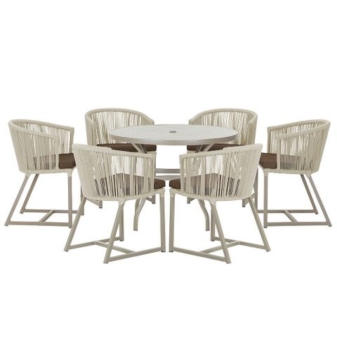 Mesa com 6 Cadeiras de Jantar Roma 120cm e Noronha em Alumínio Fendi Corda Náutica Estofado 9 Trama