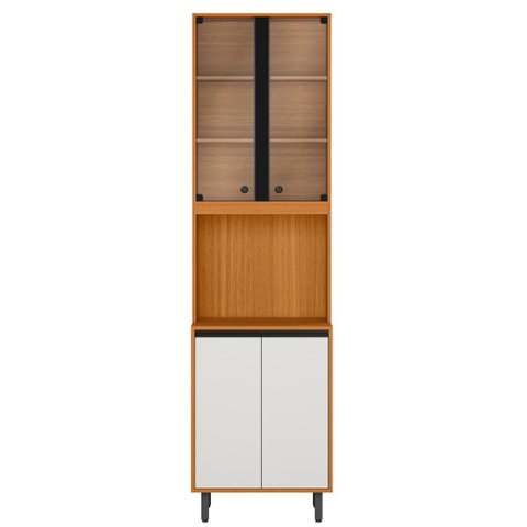 Paneleiro Cristaleira 220x60 cm 4 Portas Vidro Ravena Freijo Off Acetinado Poliman