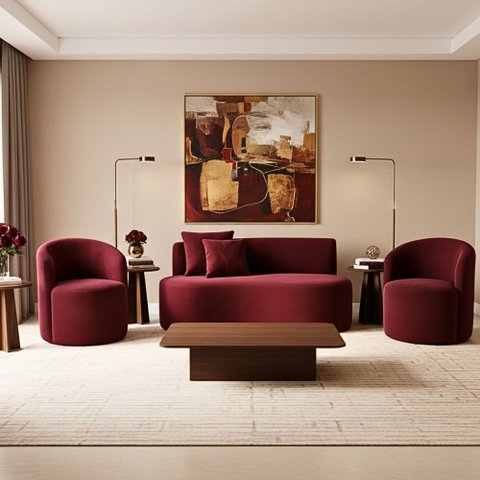 Conjunto Decorativo 02 Poltronas + Sofá Curvo Orgânico Nature Gaia Suede Bordo - Montanaris Decor