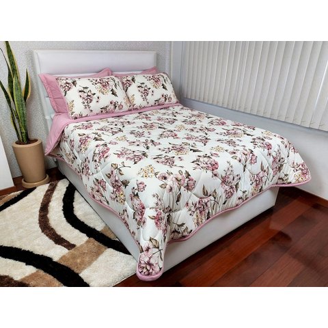 Cobre Leito Full 3 Peças Malha 100% Algodão Zono Enxovais Buquê Rosado