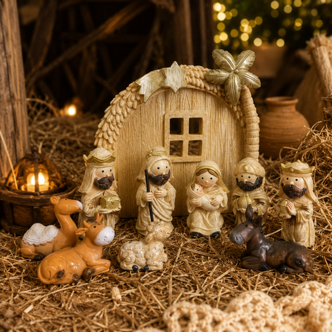 Presépio Infantil 10 Peças Resina com Estábulo 8cm Decoração Natal 1633-Infantil