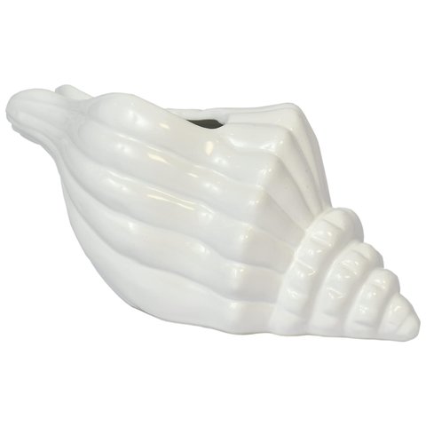 Vaso Decorativo Flores Cerâmica Branco Concha Espiral Oceano